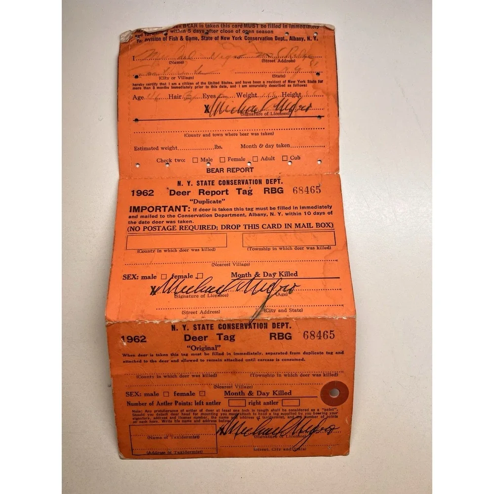 Vintage NYS Big Game Hunting Tags Lot 1956–1962 Deer Bear License Paper Ephemera